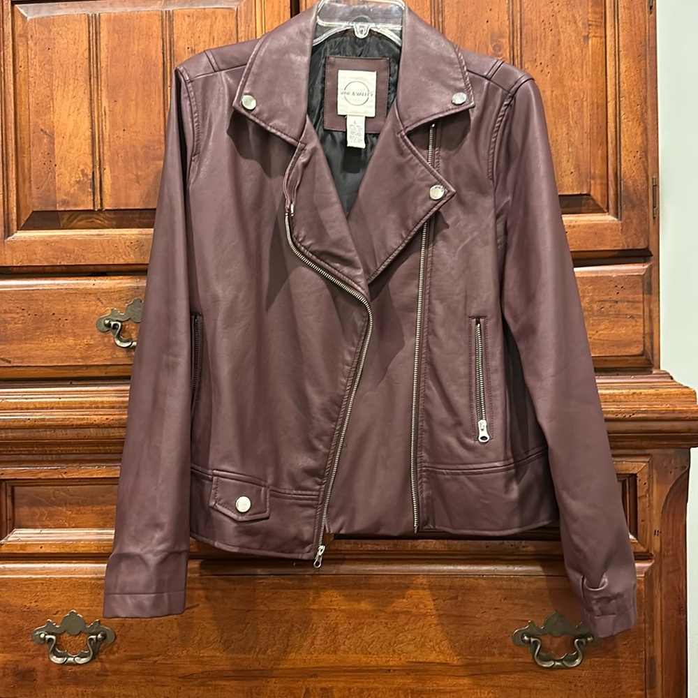 Vine & Valley Moto Jacket Faux Leather Wine Size L Large